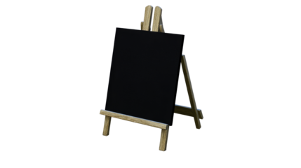 Wooden easel with a black display board isolated, cut out transparent
