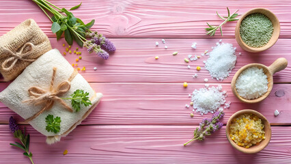 Spa and Wellness Items on Pink Wooden Background