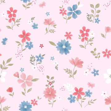 Seamless sweet pastel spring floral and butterfly print