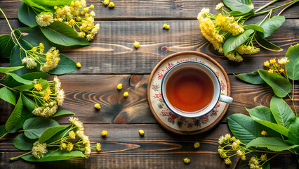 Linden Tea with Fresh Flowers on Wooden Background