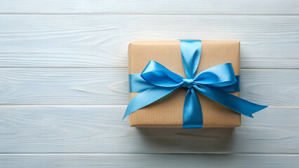 Brown Wrapped Gift Box with Blue Ribbon