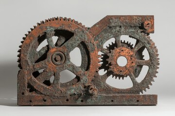 A rusty sculpture with two gears interlocking on a base, covered in rust and verdigris.