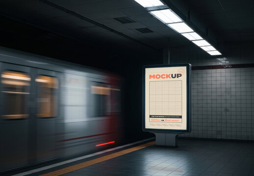 Vertical Subway Station Backlight Sign Billboard Mockup