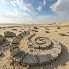 stone spiral art installation in arid desert lands