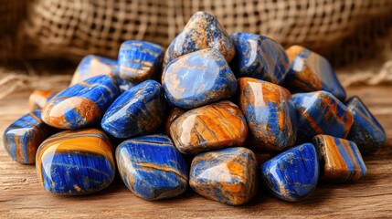 Pile of tumbled lapis lazuli-like stones on wood