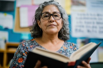  Confident teacher holding book in classroom setting for education and professional career concept