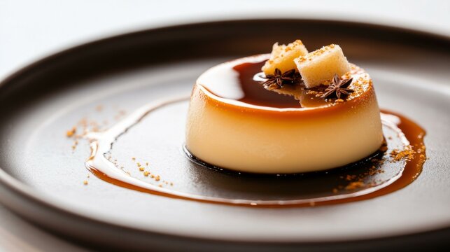  Portuguese caramel pudding with star anise and sponge cake garnish, traditional dessert, Pudim Abade de Priscos