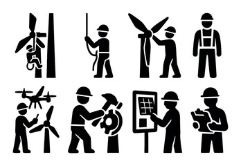 Renewable energy silhouette icon set. wind power and maintenance symbols