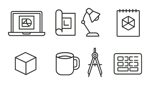 Office essentials linear icon set. workplace tools and productivity symbols