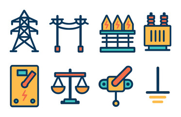 Electricity and power flat icon set. energy and utility symbols for design projects