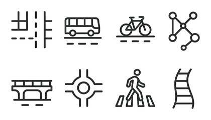 Transportation and travel linear icon set. commuting and transit design symbols