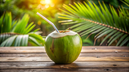 Fresh Coconut Water with Straw in Nature