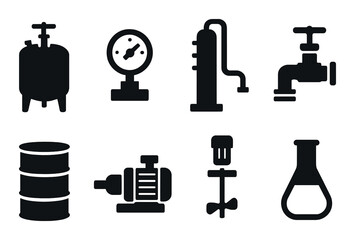 Industrial equipment silhouette icon set. machinery and factory tools collection