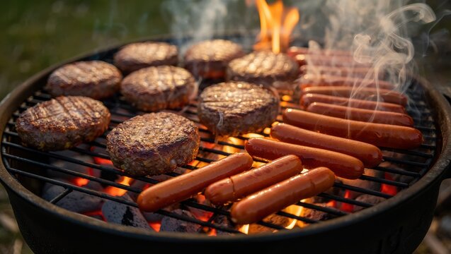 Delicious burgers and hot dogs grilling on charcoal