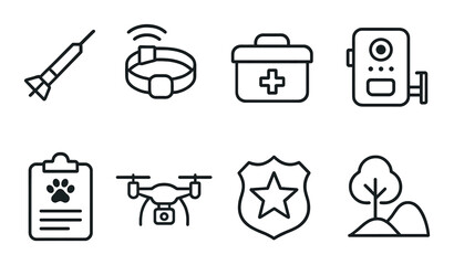 Veterinary and pet care linear icon set. animal health and monitoring symbols