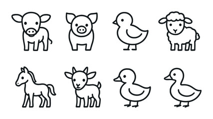 Farm animals silhouette icon set. livestock and barnyard creatures symbols