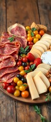 platter of meats, cheeses, and fruit on a wooden table