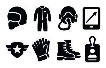 Aviation silhouette icon set. aircraft equipment and pilot gear graphics