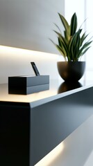 Fototapeta premium Modern hotel promo stand mockup with sleek design and elegant lighting, featuring stylish d cor elements