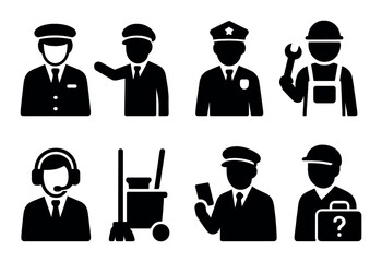 Profession and occupation icon set: silhouette style symbols for careers and jobs