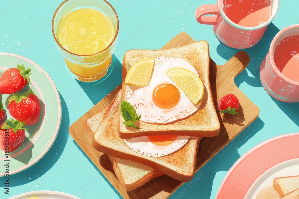 Poster healthy breakfast arrangement featuring toast with eggs, strawberries, and refreshing smoothie in a 
