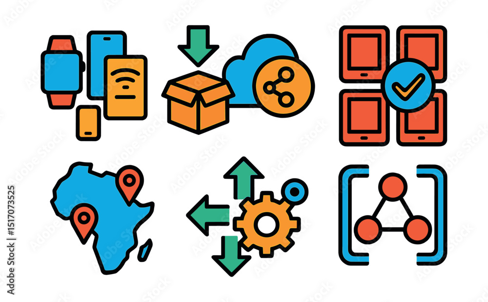 Wall mural flat vector icons of iot scalability and deployment: device fleet icon, deployment package, scalable