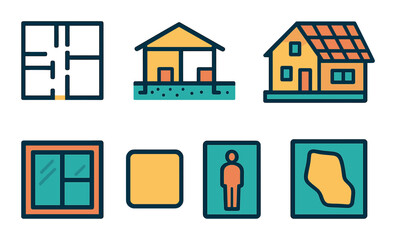 Home design icon set: flat style housing, construction, and architecture symbols