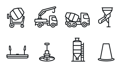 Construction equipment icon set: linear tools and machinery symbols for building design