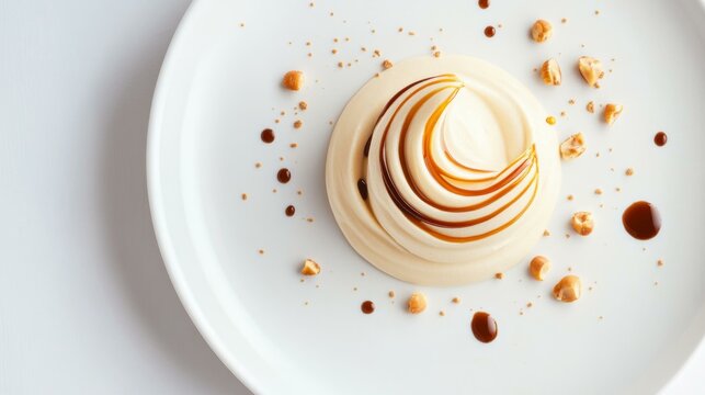  Elegant Portuguese baba de camelo dessert beautifully plated with caramel swirl and nut garnish.