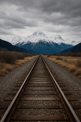 Fototapeta premium Straight railway track leading through dry grasslands toward dramatic snow-covered mountain range under moody cloudy sky, symbolizing journey, travel and vast wilderness