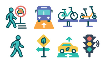 Urban mobility icons set with silhouette style. transport and travel symbols