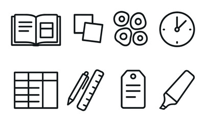 Office essentials icon set in silhouette style. work and productivity symbols