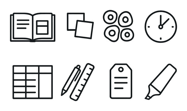 Office essentials icon set in silhouette style. work and productivity symbols