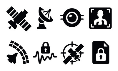 Technology and security silhouette icon set. digital protection and satellite symbols