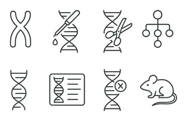Genetics linear icon set. dna, genome, and biotech symbols for scientific research