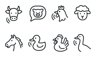Farm animal linear icon set. livestock and barnyard symbols