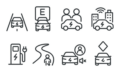 Electric vehicle linear icon set. ev, eco-friendly transport symbols