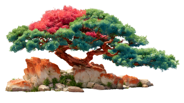 A vibrant bonsai tree with red and green foliage, perched on a rocky outcrop, isolated on transparent background