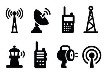 Communication and technology silhouette icon set. telecom and signal symbols