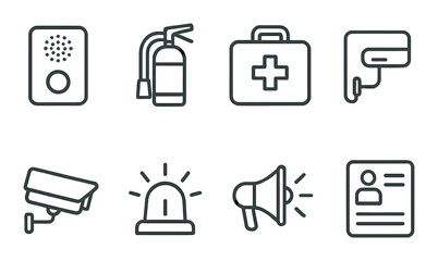 Emergency and safety linear icon set for security and alert equipment visuals