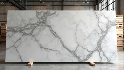 Expansive veined marble slab in industrial warehouse setting. Display showcases natural stone, highlights elegance, construction material. Used interior design, architecture, home decor, finishing.