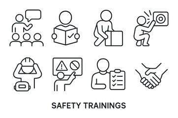 Safety training silhouette icon set. workplace emergency and compliance symbols