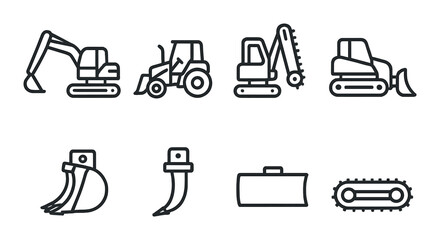 Construction equipment linear icon set. machinery and tools symbols for projects