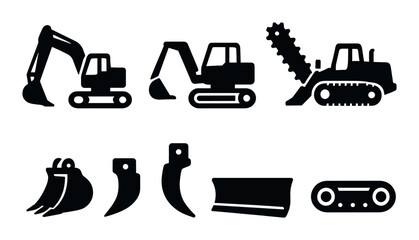 Construction machinery silhouette icon set. heavy equipment and industrial symbols