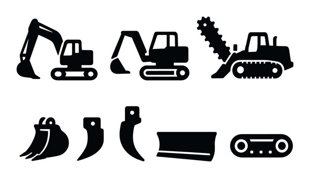 Construction machinery silhouette icon set. heavy equipment and industrial symbols