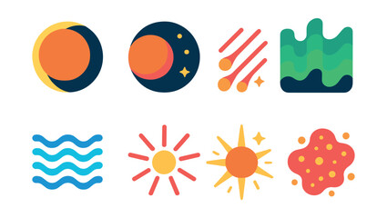 Flat vector icons of cosmic phenomena: solar eclipse, lunar eclipse, meteor shower, aurora borealis, gravity waves, light burst, supernova, cosmic dust.