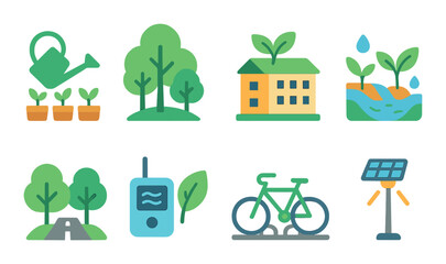 Sustainable energy flat icon set: eco-friendly and green environment symbols