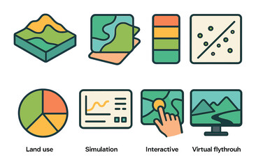 Geographic analysis icon set in flat style. land use and data visualization symbols