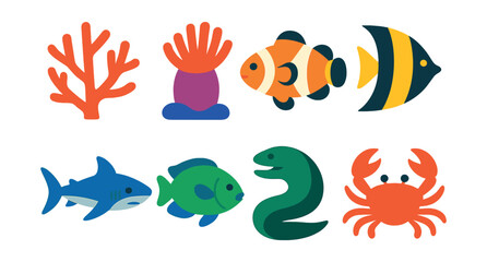 Obraz premium Flat vector icons of coral reef life: coral branch, clownfish, sea anemone, angelfish, reef shark, parrotfish, moray eel, reef crab.