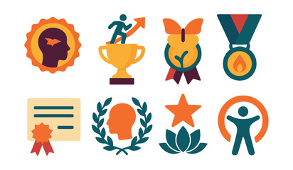 Flat vector icons of personal growth achievement awards: overcoming fear badge, reaching new goals trophy, embracing change medal, perseverance spirit ribbon, self-discipline certificate, emotional